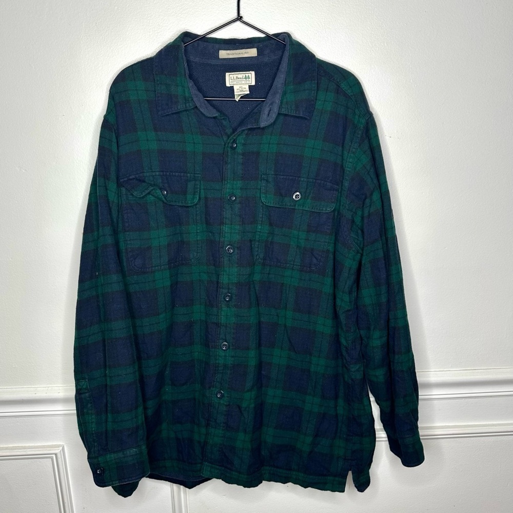 L.L. Bean Fleece Lined Flannel Shirt Jacket 250393 Men’s Large Blue Green Black